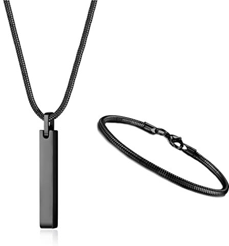 YADOCA Kette Herren Bar Anhänger Edelstahl Halskette und Armbänder für Männer Frauen 3mm Schlangenkette Halskette und Schlangenkette Armband Set Länge 55cm Silber/Schwarz