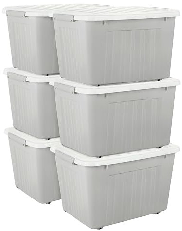 Cetomo 80L*6 Scatole di Stoccaggio con Coperchi, Contenitori in Plastica con Ruote, Clip On, Impilabili, Incastonabili, Organizzatore a Righe per Casa Ufficio, Grigio, 80L-6 Pezzi