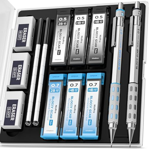 Nicpro Blocky Gear 0.5 mm & 0.7 mm Mechanical Pencils Set in Case
