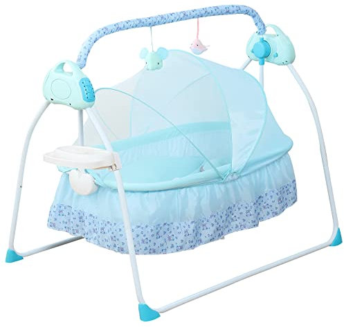 innytund Electric Baby Crib 0-25Kg Cradle Automatic Intelligent Rocker Bed with 12 pieces of music and mosquito nets, Bluetooth Connection Functions Rocking Chair for 0-18 Months Baby, Blue