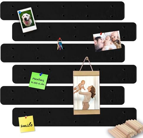 6-Pack Black Felt Pin Boards Memo Board Pegboard Bar Strips, Self-Adhesive Cork Board for Walls Home Office Decor, Small Felt Bulletin Boards for Jewel, Notes, Photos with 20 Wooden Dowel Pins, UK