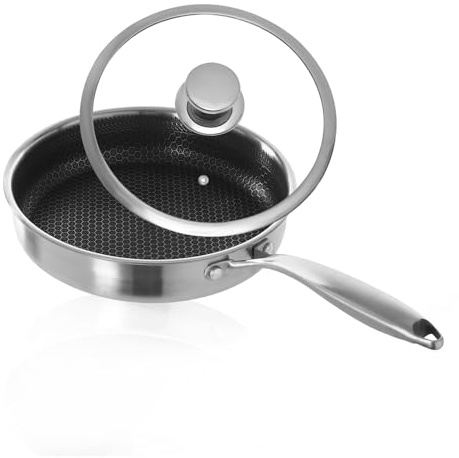 OUBUBY stekpanna med lock 26 cm, non-stick-panna belagd stekpanna i rostfritt stål induktionsstekpanna köksredskap lämplig för alla spisplattor