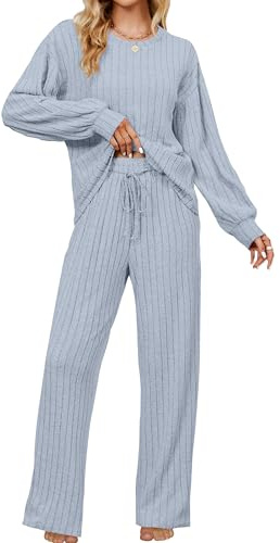 Blooming Jelly Womens Lounge Wear Sets Ribbed Autumn Pyjamas Casual Airport Outfits 2025 Blue Grey M
