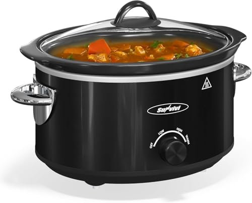 Sunvivi Stainless Slow Cooker 3.5L, Surrounding Heating system,Food Warmer with 3 Heating Settings, Removable Ceramic Pot, Dishwasher Safe Glass Lid, Stainless Steel, Black