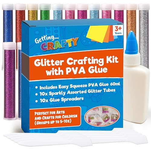 SOL Glitter Art Crafting Bundle with 10x Colourful Glitter Tubes, 1x PVA Glue & 10x Glue Spreaders - Kids Crafting, Scrapbooking, Card Poster Making, Christmas Decorations Craft Set Kids Adults