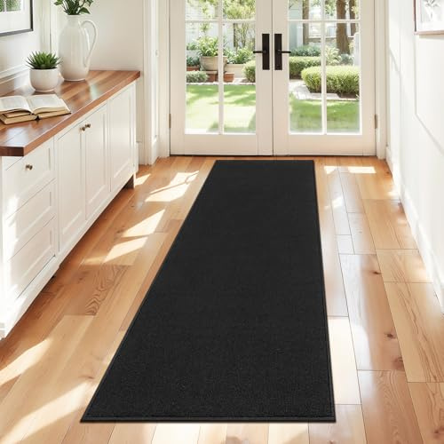 SHACOS Teppich Läufer, Läufer 50x150 cm Küchenteppich Teppichläufer Flur Küchenteppich Waschbar rutschfest Fußmatte Lang Flur Teppich, Schwarz