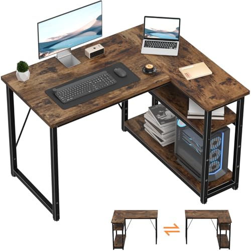 TRIUMPHKEY Bureau d'angle 100x80x75CM avec 3 Etagères Réversible à Gauche ou à Droite, Bureau Forme L pour Domicile, Marron