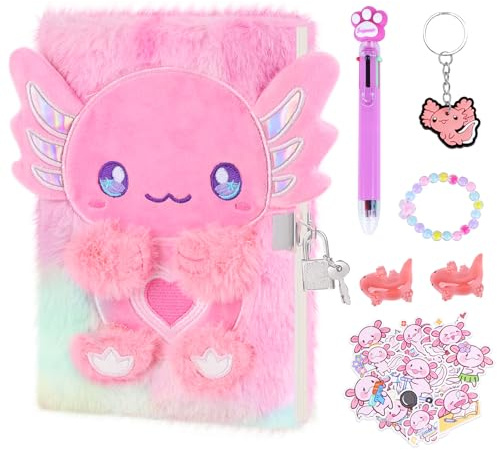 homicozy Diario Segreto Bambina, 26 Pcs Axolotl Peluche Quaderno Set con Lucchetto, 160 Pagine A5 Privato Diario, Taccuino Cancelleria Regalo Ragazza 5 6 7 8 10 Anni