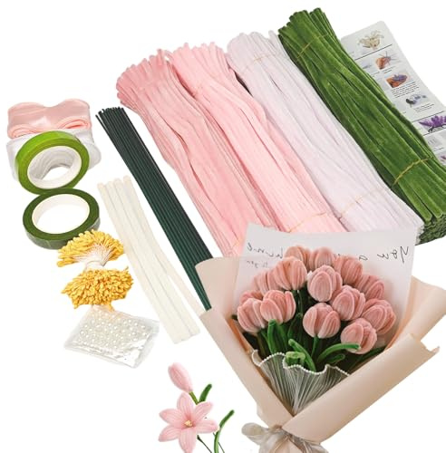 Limpiapipas Manualidades,400 Piezas Limpia Pipas Multicolor, Set de Limpiapipas Flores con Palitos de Flores Verdes, Cintas, Cuentas para Ramos DIY Manualidades, Rosa