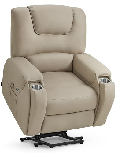 M MCombo Fernsehsessel mit Aufstehhilfe Elektrisch, mit Massage & Heizung, Relaxsessel mit Liegefunktion bis 145° 35D Vollschaum-Sitzkissen Versteckte Becherhalter 7252 (Mikrofaser, Beigebraun)