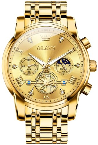 OLEVS Men's Gold Watch Luxury Classic Diamond Analog Quartz Watches Men Big Face Gold Stainless Steel Chronograph Watch for Men Roman Numerals Tourbillon Dial Waterproof Luminous Mens Watches