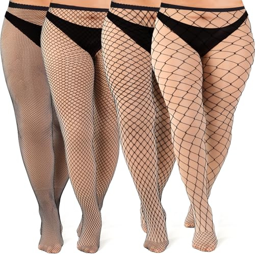 Zuimei 4 Pairs Black Fishnet Tights for Women Plus Size Sexy Stockings | Sexy Cross Mesh High Waist Fishnets Stockings 4 Styles Ladies Fish Net Tights for Parties Role Play Daily Wear