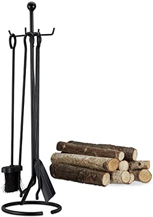 Relaxdays Juego de Utensilios de Chimenea con Soporte, Acero, Negro, 5 Unidades
