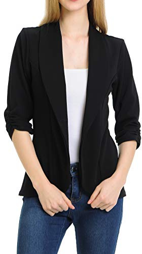 MINEFREE Women's 3/4 Ruched Sleeve Lightweight Work Office Blazer Jacket Black 1XL