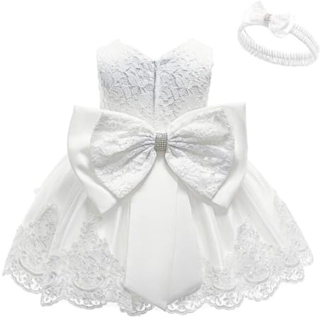 KISSOURBABY White Baby Girls Dress Christening Baptism Party Formal Dress with Headwear(White12M)