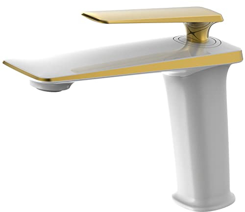 RANDOM Single Hole Bathroom Sink Faucet Gold and White Mixed Finish Bathroom Faucet Single Handle Brass Basin Mixer Tap Deck Mount,cUPC Certified Water Supply Hot and Cold Hose.68008MW-LG