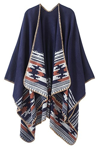 EXCHIC Damer vintage färgblockerande halsduk wrap öppen front poncho överdimensionerad vinterfilt elegant cape rock, Marinblå-6, One Size