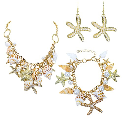 Halawly Shell Necklace Choker - Mermaid Tail Fashion Sea Starfish Faux Pearl Collar Bib Statement Chunky Pendant Set
