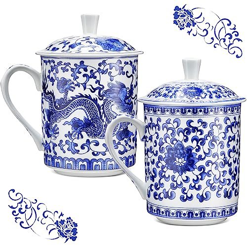 Dandat Lot de 2 tasses à thé en porcelaine de Chine avec couvercle - Tasse à café de voyage pratique - Kung Fu - Tasse à thé en céramique avec système d'infusion de thé en vrac pour la maison, le