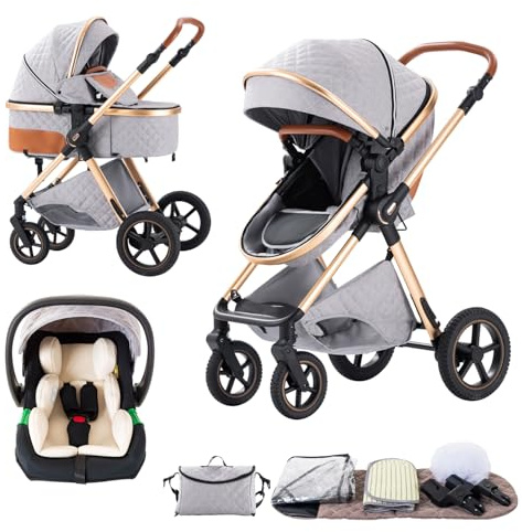 BEBBY 3-i-1 barnvagn kombibarnvagnsset 2-i-1 buggy vikbar lyx höglandskap nyfödd bärbar hopfällbar barnvagn resesystem (Lightgrey, H2)