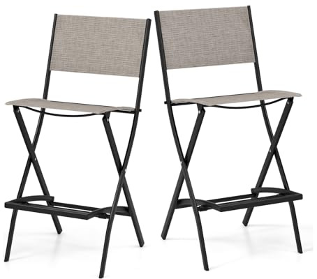 KOMFOTTEU Set di 2 Sgabelli da Bar Pieghevoli, Sgabelli Alti da Cucina con Schienale e Poggiapiedi, Sedie da Giardino in Tessuto Textilene, 46 x 57 x 102 cm, Marrone