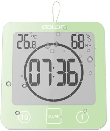 Waterproof Bathroom Wall Clock Shower Timer, Digital Large Visual Countdown Alarm Clock with Temperature Humidity, Mirror Suction & Rope Hanging & Stand, Easy Table Timer for Bath Kitchen Spa (Green)