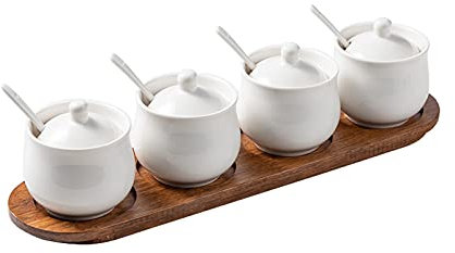 Set Di Bottiglie Di Condimento In Porcellana Condimento Confezione Da 4, Scatola Di Condimento In Ceramica Con Vassoio, Cucchiaio E Coperchio Per Zucchero, Pepe, Caffè, Spezie, Sale Per Cucina, Casa
