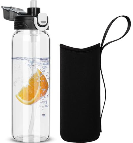 DEARRAY 800ml Glass Water Bottle with Straw & Neoprene Sleeve 0.8l BPA free Glass Drinking Bottle Leakproof