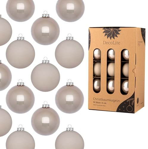 DecoLite: Weihnachtskugeln 6 cm Ø - 30er Set aus Glas inkl. Aufhänger | Hochwertige Christbaumkugeln für Weihnachtsbaum | Stilvolle Weihnachtsdeko in Kartonbox | Kugeln - Beige - matt/glänzend