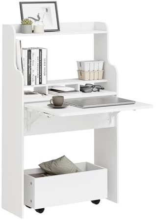 SoBuy Scrivania Pieghevole a Muro Scrivania Salvaspazio Richiudibile con Scatola Portaoggetti con Ruote Tavolo Pieghevole Bianco 64x63x100,6 cm FWT105-II-W