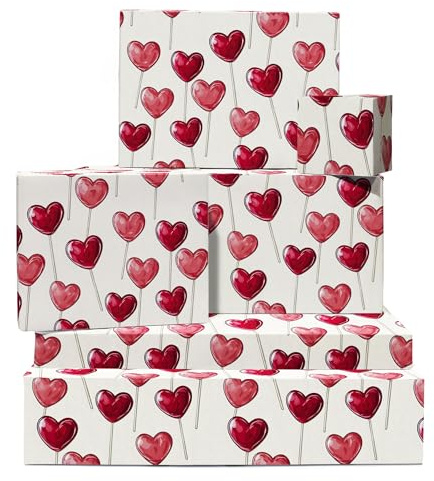 Papel regalo corazones - 6 hojas de papel de regalo de cumpleaños - Piruletas de corazón rojo y rosa - Para aniversario, día de San Valentín - Viene con pegatinas - Reciclable - Por Central 23