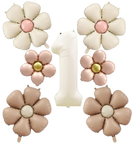 GTYHH 1 Ballon Numéro 1, 6 Ballons À Fleurs, Ballons en Aluminium, Ballons De Décoration pour Filles, Accessoires De Fond De Tir, Décoration De Fête De 1Er Anniversaire
