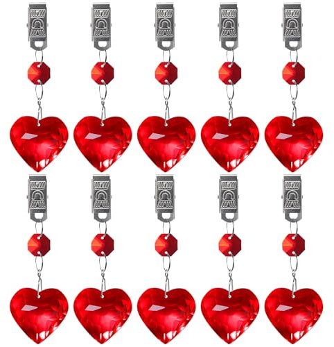 LONGSHENG - SINCE 2001 - 10pcs Red Tablecloth Weights Crystal Heart Tablecloth Pendant Table Cover Weights with Rust-Resistant Clip, Weights for Curtains, Flags
