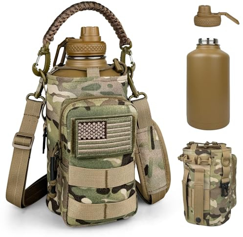 DEFUNX Half Gallon Water Bottle Insulated with Sleeve - Tactical 64 oz Stainless Steel Water Jug with MOLLE Water Bottle Pouch, Gym Water Bottles for Men Hiking Workout (CP Camo)