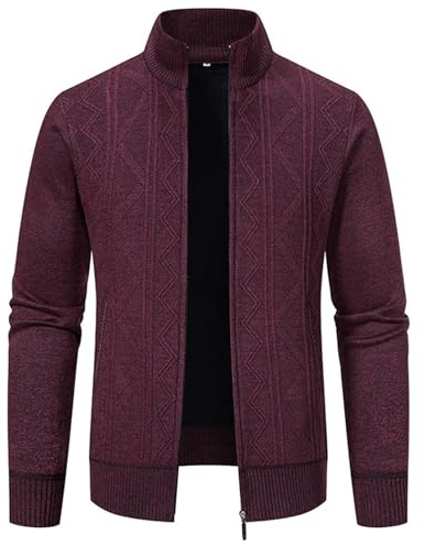 crazy bean Cardigan da Uomo Lavorato a Maglia Cardigan Lavorato Invernale Maniche Lunghe da Uomo con Zip Intera Caldo Maglione a Righe Casual Bordeaux L