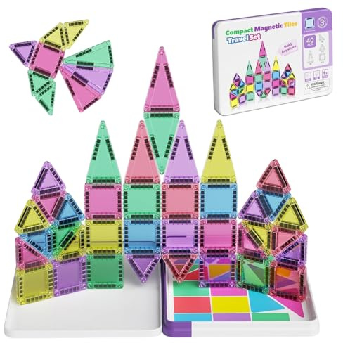 BRTNUP Magnetiska plattor, 40 stycken magnetiska byggstenar, reseleksaker för barn i bärbar järnlåda (19,5 x 13,46 x 1,5 cm), kreativa magnetiska lekar, från 3 år, pojkar och flickor