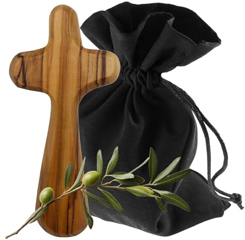 Lunexus Amulatore a mano croce in legno d'ulivo, circa 9 cm, realizzata a mano a Betlemme, benedetta con certificato, sacchetto di stoffa, croce di consolazione, croce di preghiera, per battesimo