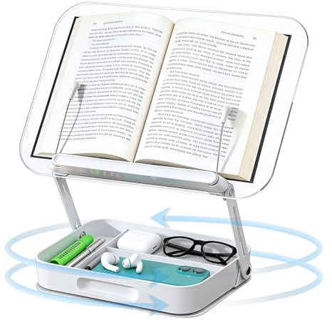 Leggio per Libri con Base Girevole a 360°, Pieghevole Supporto Tablet Supporto Libri per Lettura, con Scatola di Immagazzinaggio, Perfetto per Libri, Cuochi, Spartito, Tablet