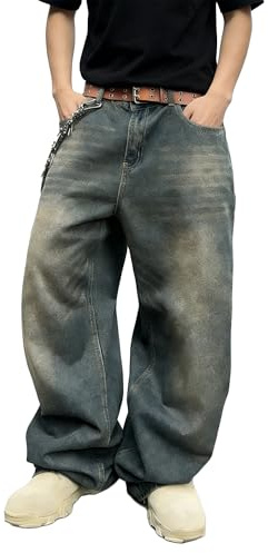 Baggy Jeans Y2k Herr säckiga jeans Y2k brett ben hög midja tvättad denim vintage byxor dragkedja flyga passform
