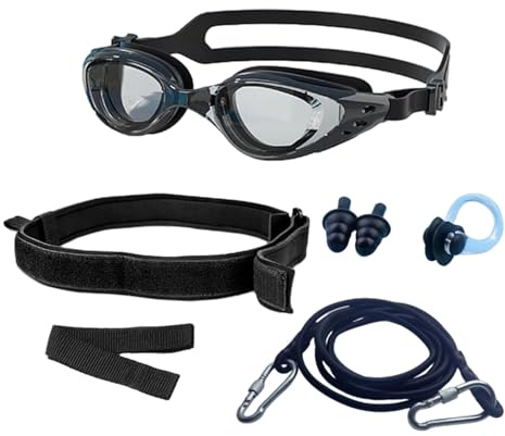 BOSREROY Set da nuoto con occhialini da nuoto per adulti, corda in lattice, cintura regolabile, tappi per le orecchie, clip per il naso, 4 metri inclusi