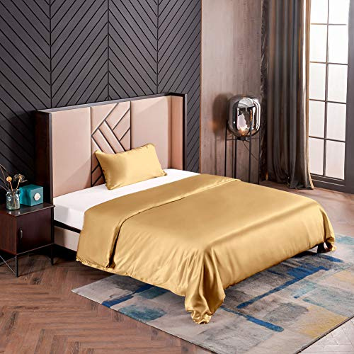 THXSILK Silk Bed Linen Set 2-Piece Duvet Cover 135 x 200 cm and 40 x 80 cm Pillow Case, Hypoallergenic 19 Momme Mulberry Silk Bed Linen, Ultra Soft and Smooth, Gold