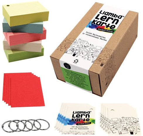 Liamba Lernkarte Pocket Color | 5 x 100 Karteikarten mit praktischen Ringen | Recyclingkarton | DIN A8 Format | 7,4 x 5,2 cm | in 5 Farben | 160g/m² | liniert | in Deutschland hergestellt