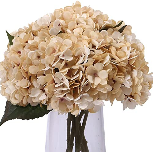 Blooming Paradise 5PCS Artificial Silk Hydrangea Flowers Vintage Fake Bouquet Plants Faux Hydrangea Flower with Stems and Leaves for Wedding Party Home Kitchen Table Centerpiece Decoration(Cream)