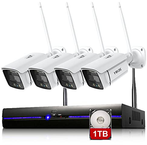 REIGY 3MP Système Surveillance WiFi Exterieure avec Spotlight et 1TB HDD, Kit Camera Videosurveillance 10CH 5MP NVR + 4X 1296P Camera, Audio Bidirectionnel Vision Nocturne Colorée Imperméable