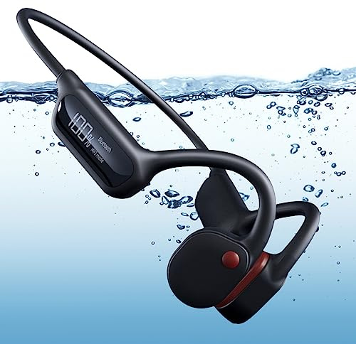 fesoklaf Knochenleitungskopfhörer Wasserdicht IPX8 mit 32GB Speicher, Bluetooth 5.3 Offene Ohren Kopfhörer mit Wireless Mikrofon für Laufen, Schwimmen, Radfahren, Training (Rot + Schwarz)