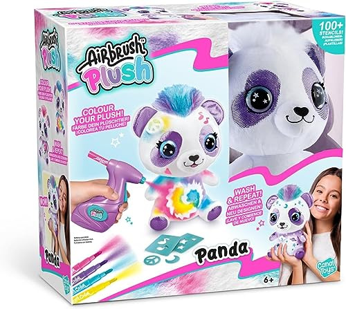 Airbrush Plush Panda, 4 Airbrush Colours Included, 100+ Re-usable Stencils, Batterypowered Airbrush, Create,Spray,Wash&Reapeat