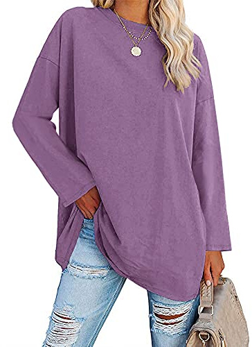 Ebifin Maglia Manica Lunga Donna Oversize T-Shirt Girocollo Maglietta Maglione Maglie Lunghe., Lilla, XL