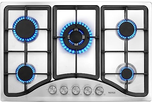 VEVOR 30-inch Gas Cooktop, 5 Burners Built-in Gas Stove Top, Max 12250BTU NG/LPG Convertible Stainless Steel Cooktops, with Thermocouple Protection for Camping, RV, Apartment