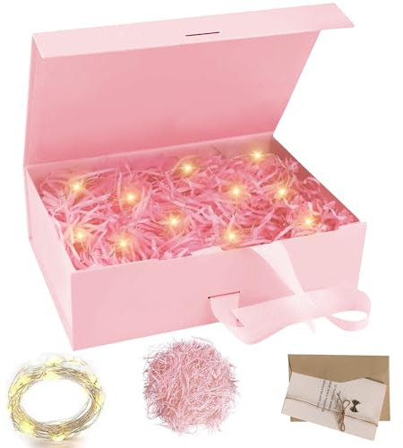 Große Geschenkbox mit Schleife, 21x17x7cm - Lichterkette, Umschlagkarte, Magnetische Geschenkbox für Hochzeit, Geburtstag und Weihnachten