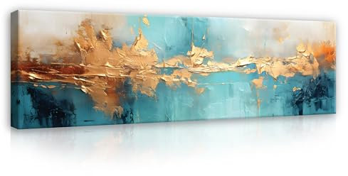 WallArena - Leinwand Bilder - Küche Abstrakt Kunst Gold Blau - 145x45 cm Leinwandbilder - Bild auf leinwand - Wandbild XXL groß Wandbilder für Wohnzimmer Schlafzimmer Wohnzimmerbilder Modern